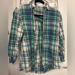 Izod Lightweight Green Blue and White Cotton Flannel Button Down
